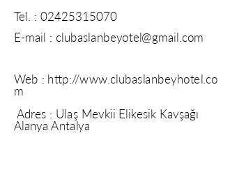 Club Aslanbey Otel iletiim bilgileri
